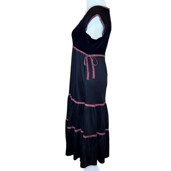 Jody T California Vintage 70s Prairie Midi Dress Black Red Tiered Skirt Small - Picture 3 of 12